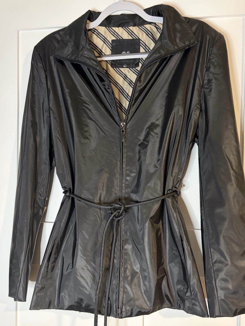 JLC New York Black Belted Windbreaker Jacket Women Large Full Zip Striped Lining